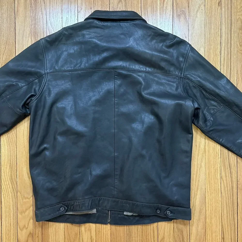 Polo Ralph Lauren Leather Jacket Men’s Size L Zip Front Plaid Lined *Flaw Read - Picture 2 of 16